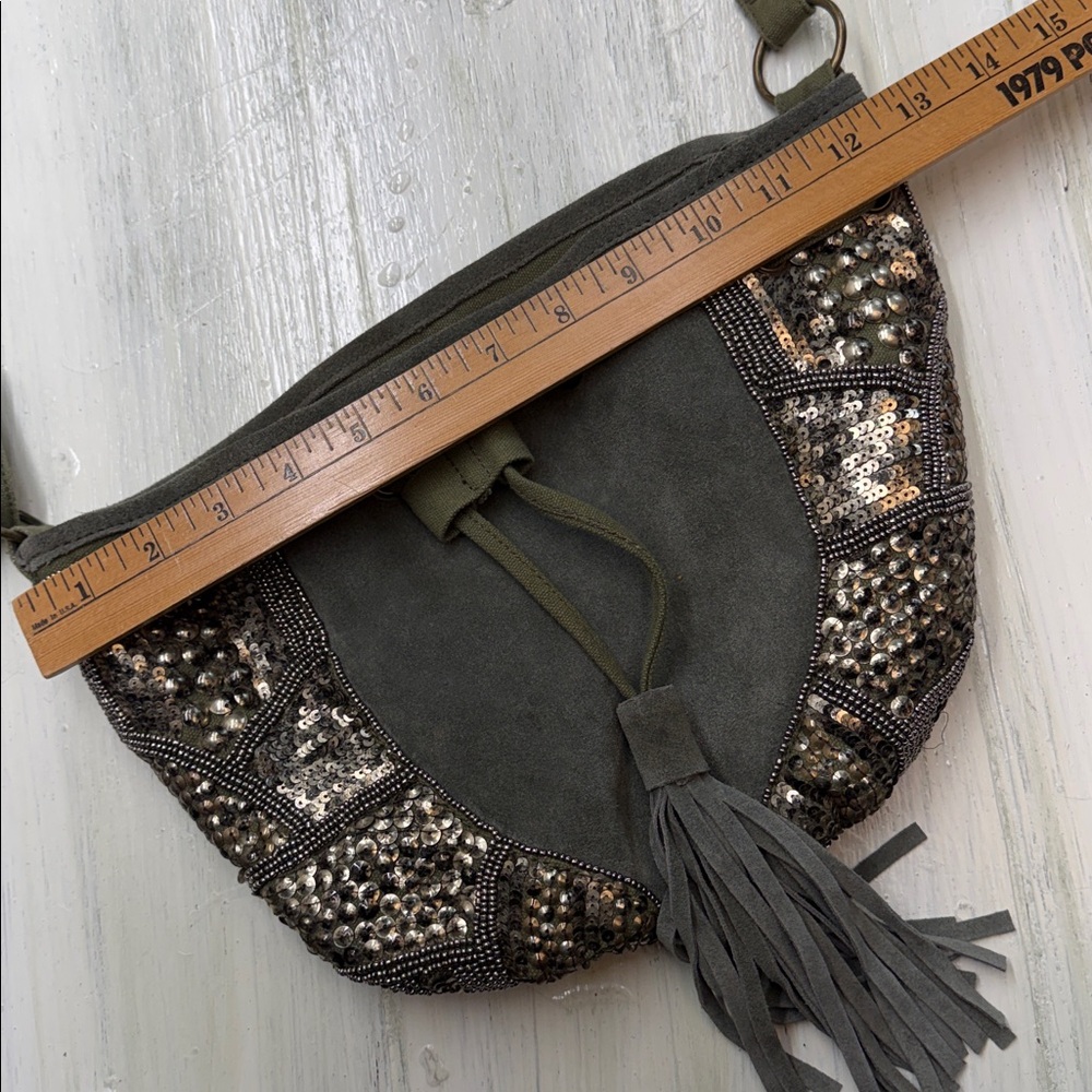 Indie Boho Gold Beaded Olive Leather/Canvas Crossbody Satchel Fringe Drawstring - Picture 6 of 14